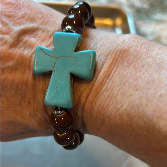 Brown Beaded Bracelet with Turquoise Cross - Picture 2 of 3